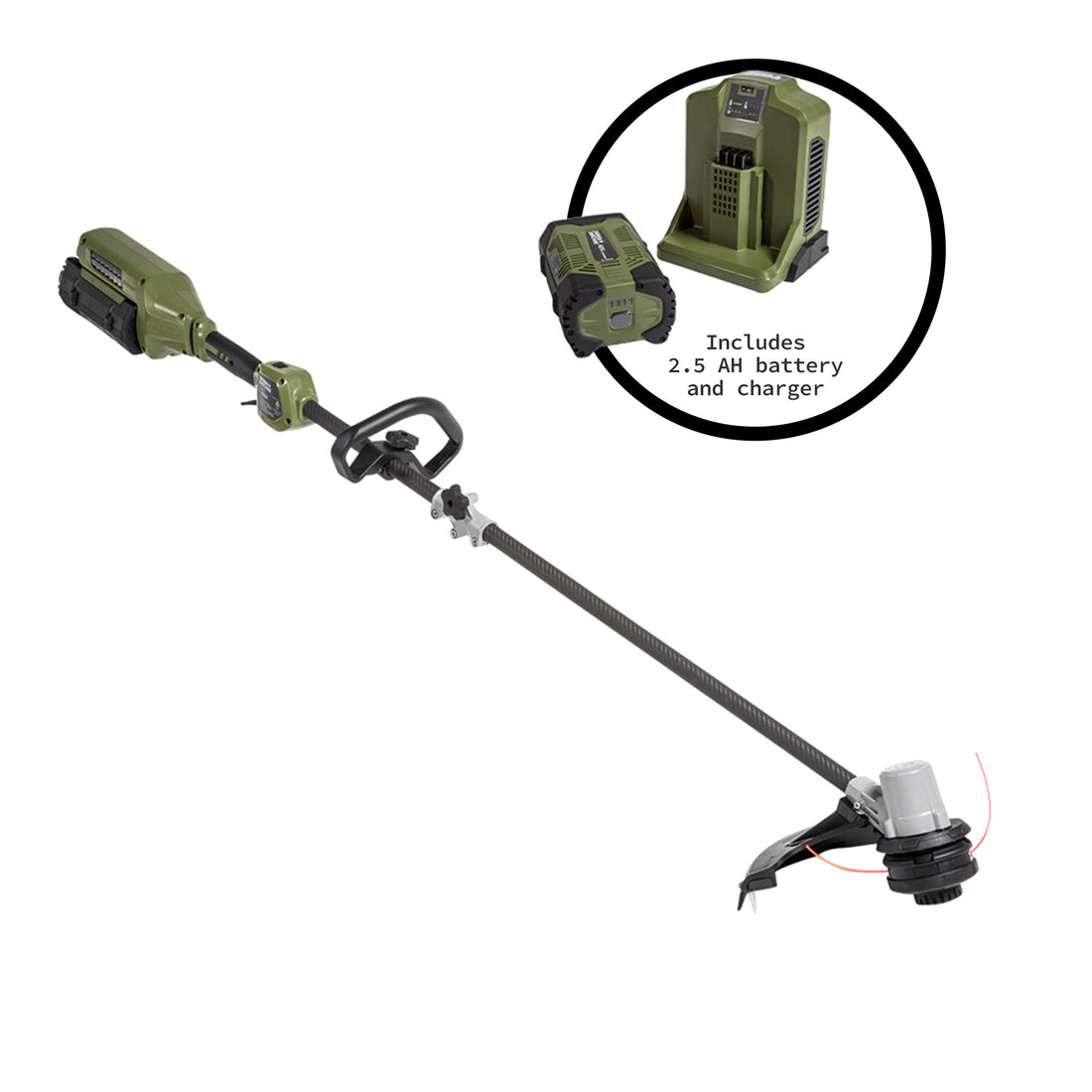 62V Cordless String Trimmer Carbon Fiber Shaft 16" Cut Path with 2.5 Ah Battery and Charger