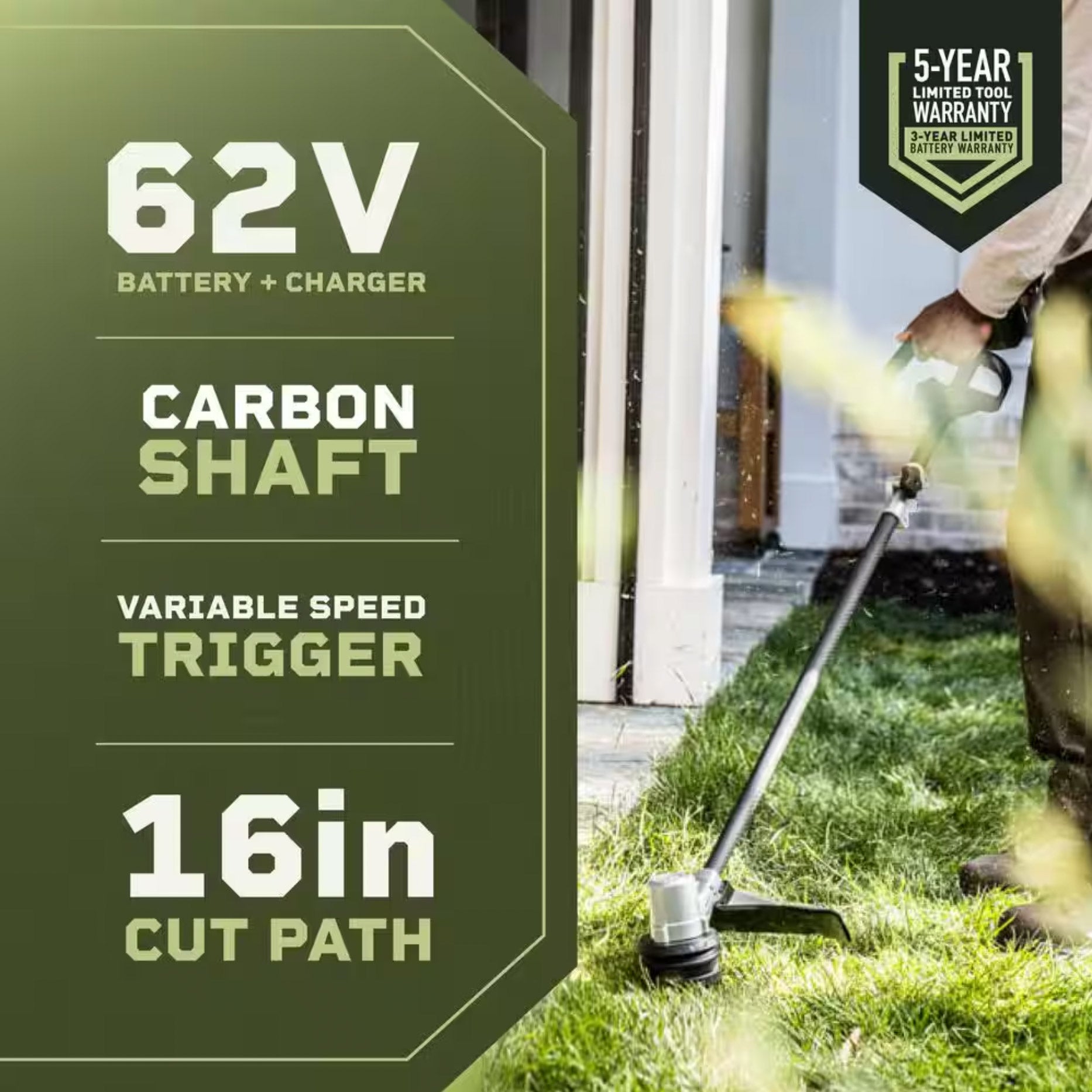 62V Cordless String Trimmer Carbon Fiber Shaft 16" Cut Path with 2.5 Ah Battery and Charger