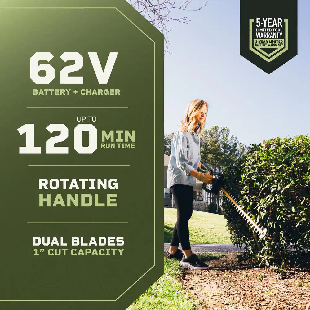 62V Cordless 25" Hedge Trimmer with 2.5 Ah Battery and Rapid Charger