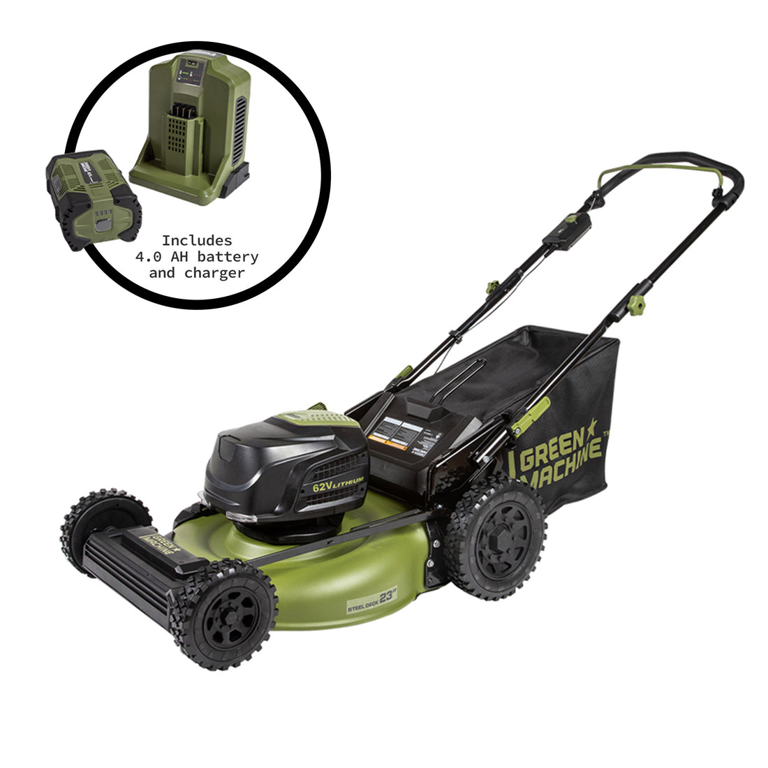 62V Cordless 23" Push 3-in-1 High Wheel Walk Behind Mower with 4 Ah Battery and Charger