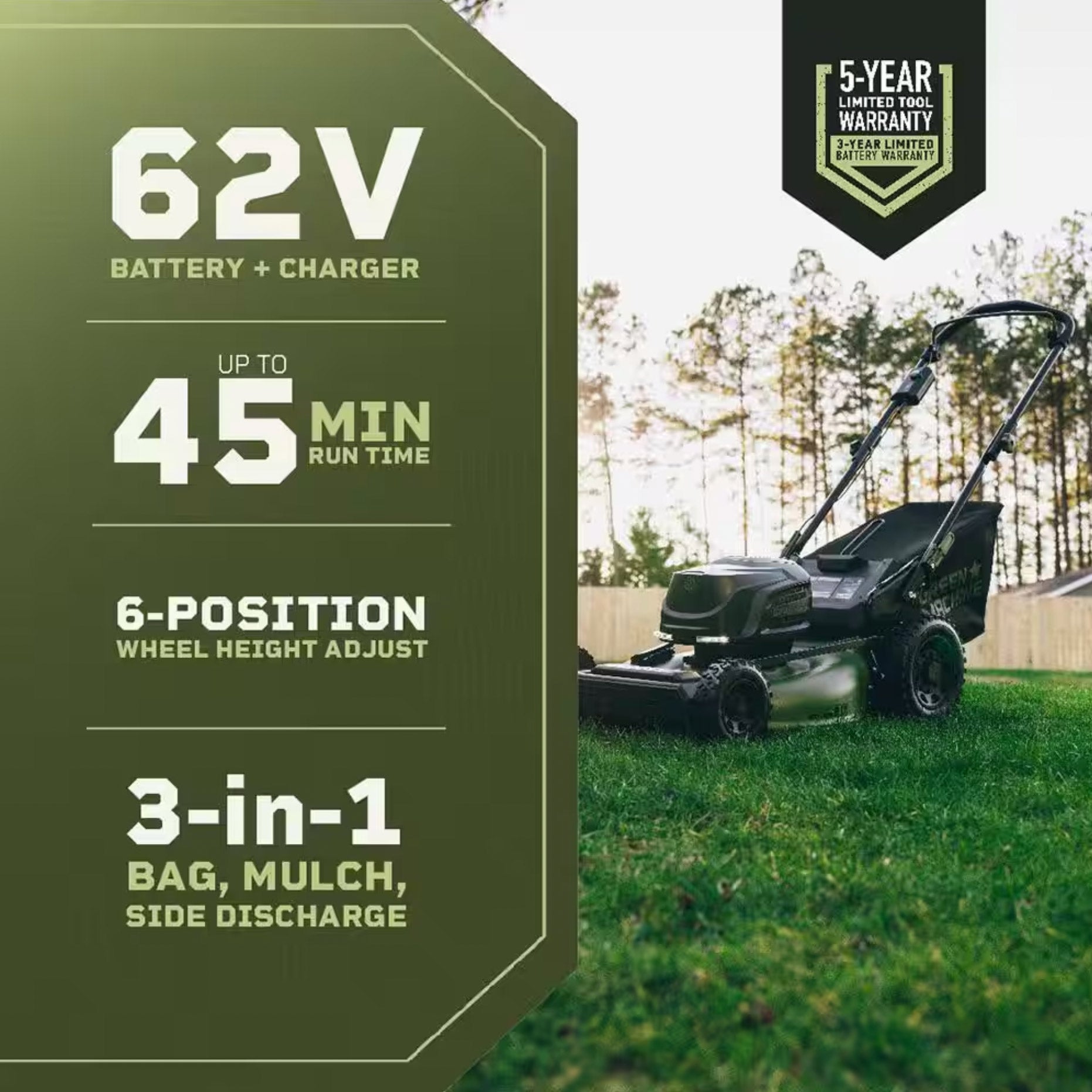 62V Cordless 23" Push 3-in-1 High Wheel Walk Behind Mower with 4 Ah Battery and Charger