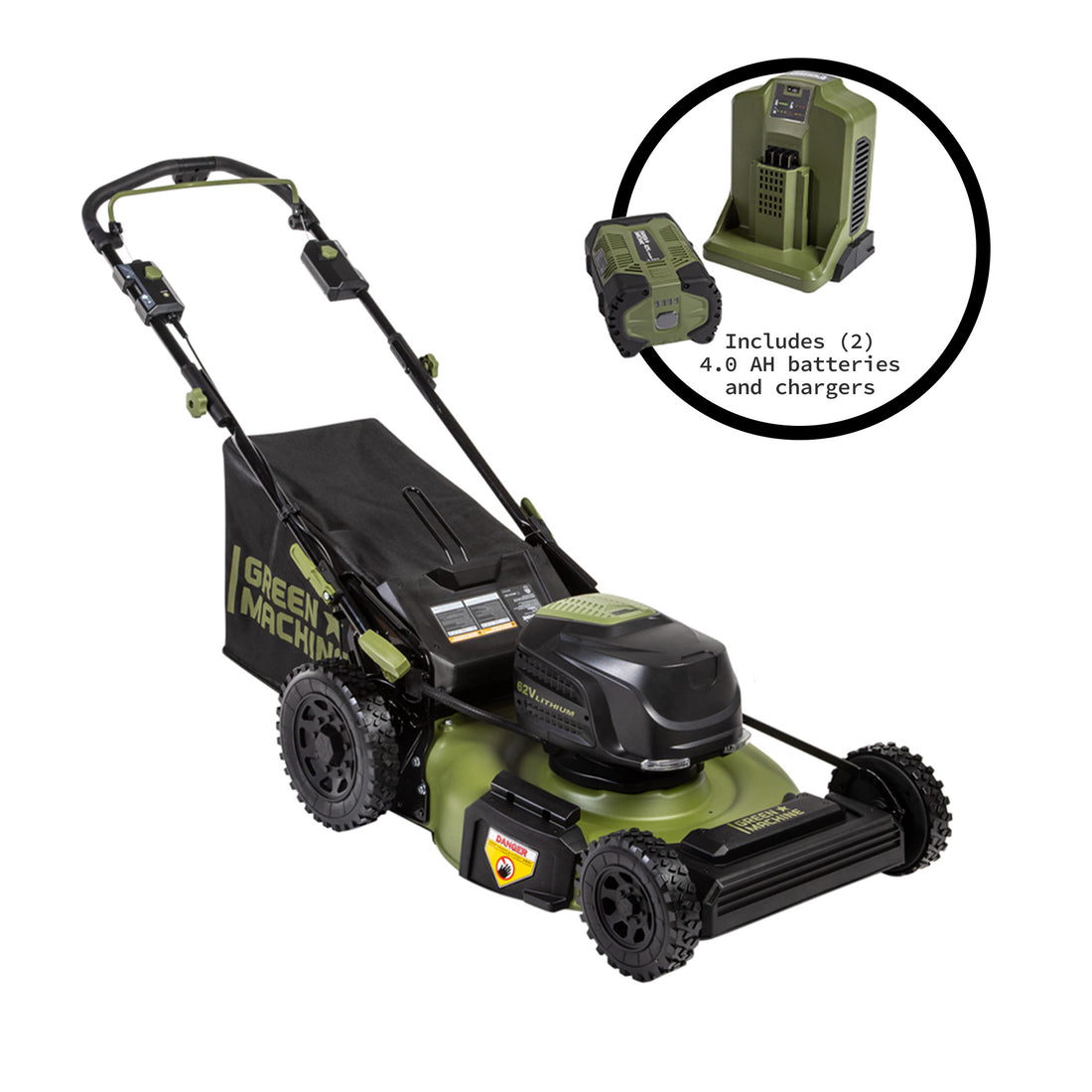 62V Cordless 23" RWD Self-Propelled 3-in-1 High Wheel Walk Behind Mower with (2) 4 Ah Batteries and Charger