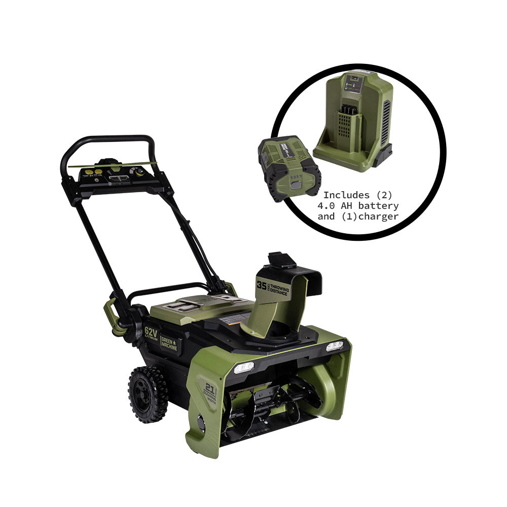 62V Cordless 21" Single Stage Snow Blower with (2) 4.0 Ah Batteries